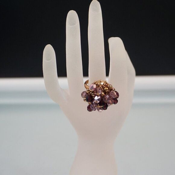Cocktail Ring Purple And Gold Tone Beaded Ring Size 8 - Picture 2 of 12
